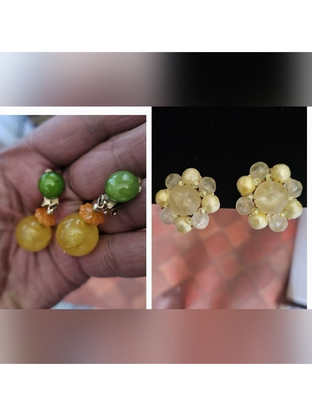 Vintage 2 Pairs Hong Kong 60s Lucite Clip-on Earrings